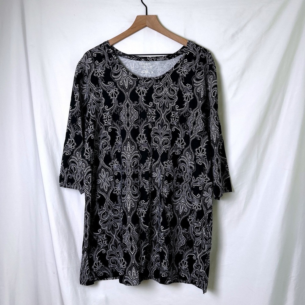 Catherines Womens Paisley 3/4 Sleeve Easy Fit Tunic Tee Size 0X Black White